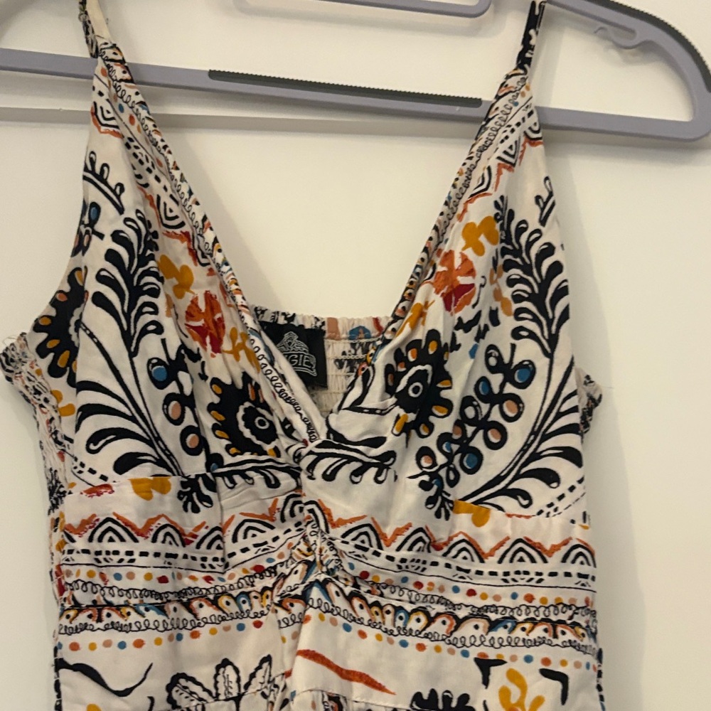 Angie White Maxi jumpsuit with Black Paisley and Yellow Floral Accents - Picture 3 of 5